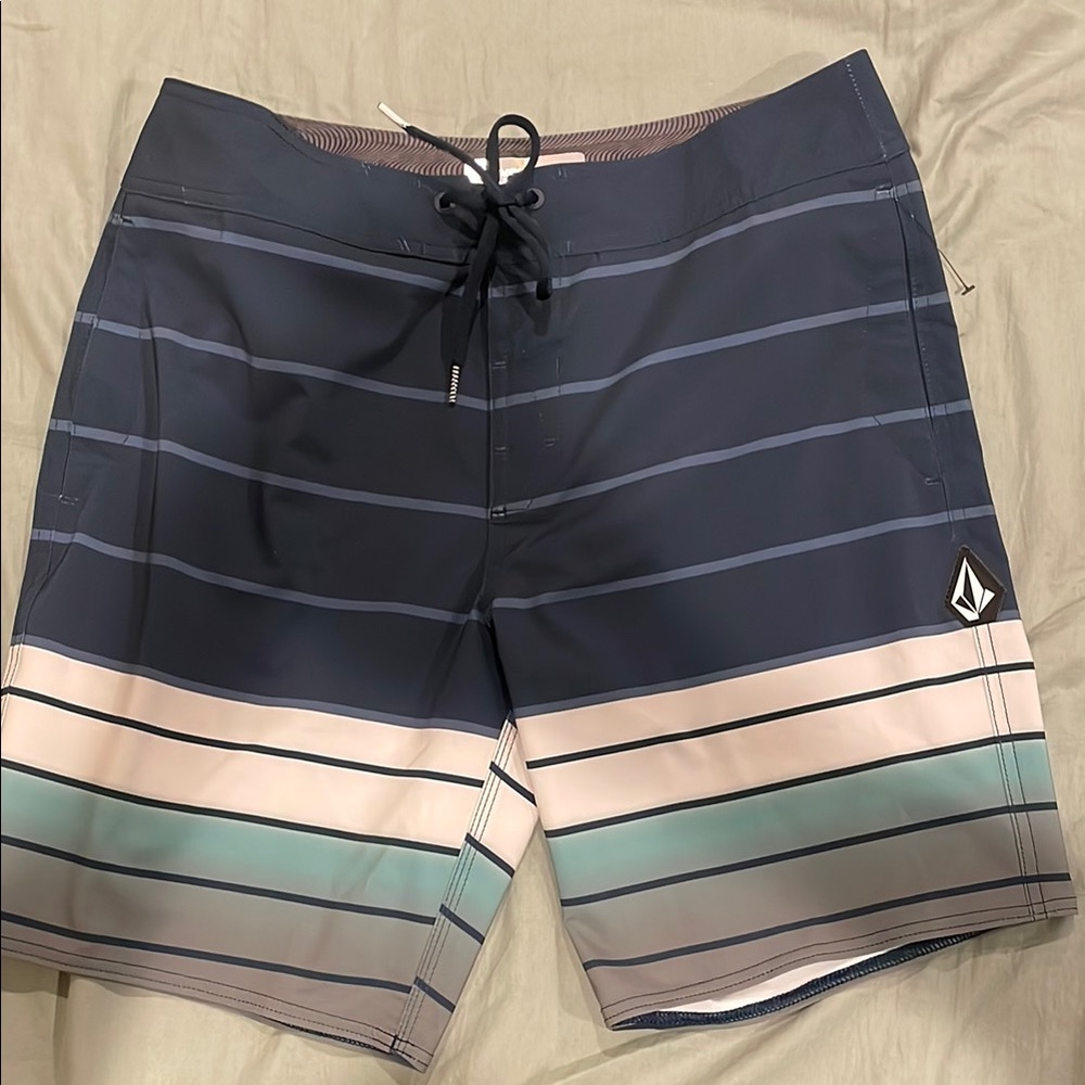 Volcom Men's Striped Swim Shorts - Blue and Gray